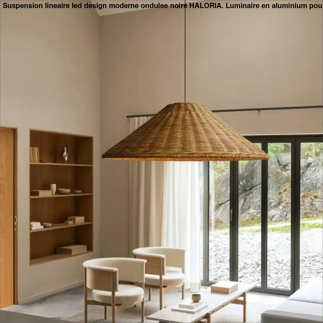 Suspension lineaire led en osier tressé conique de couleur naturelle design moderne pour éclairage intérieur