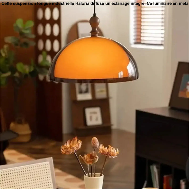 Suspension Rétro Dôme Orange Et Métal Finition Marron

