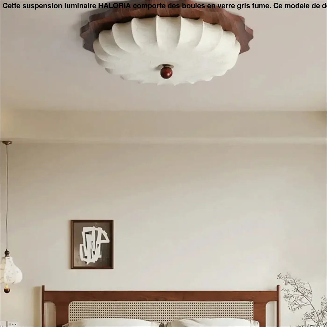 Plafonnier design en bois et tissu style lanterne vintage