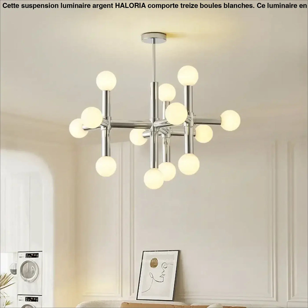 Suspension Luminaire Argent Avec 13 Globes Led Blancs