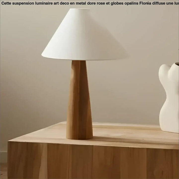 Lampe de table chenii avec abat-jour conique blanc et base en bois effilée pour un style naturel minimaliste