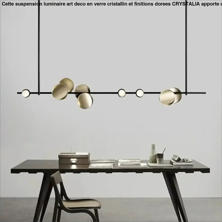 Suspension luminaire koumi avec cadre noir minimaliste et disques en laiton circulaires de tailles variées