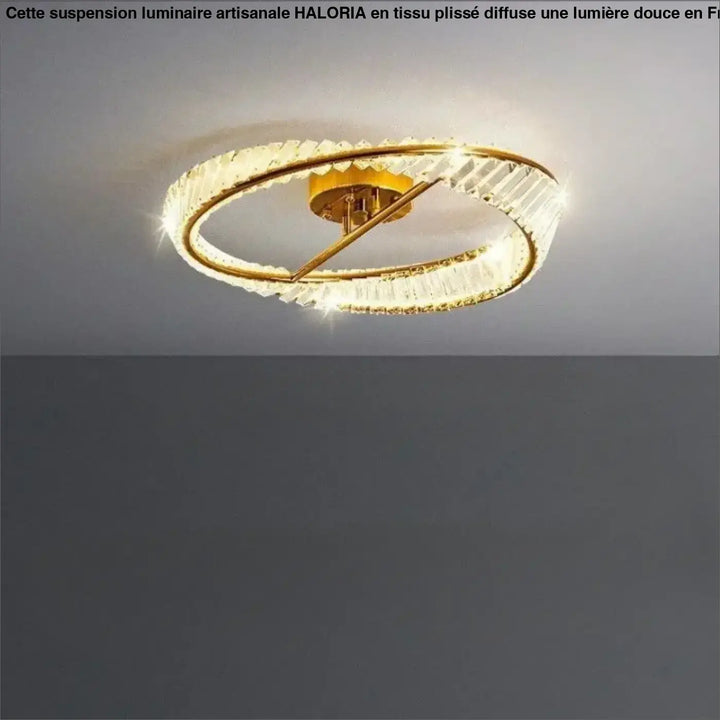 Luminaire plafonnier atlys en métal doré avec deux anneaux concentriques ornés de cristaux facettés design élégant