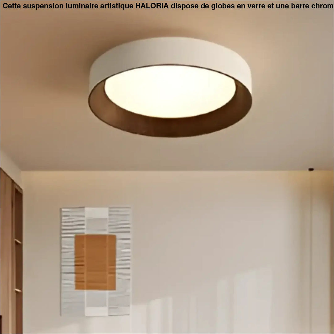 Luminaire plafonnier moderne circulaire avec anneau blanc et bordure intérieure en bois chaleureux