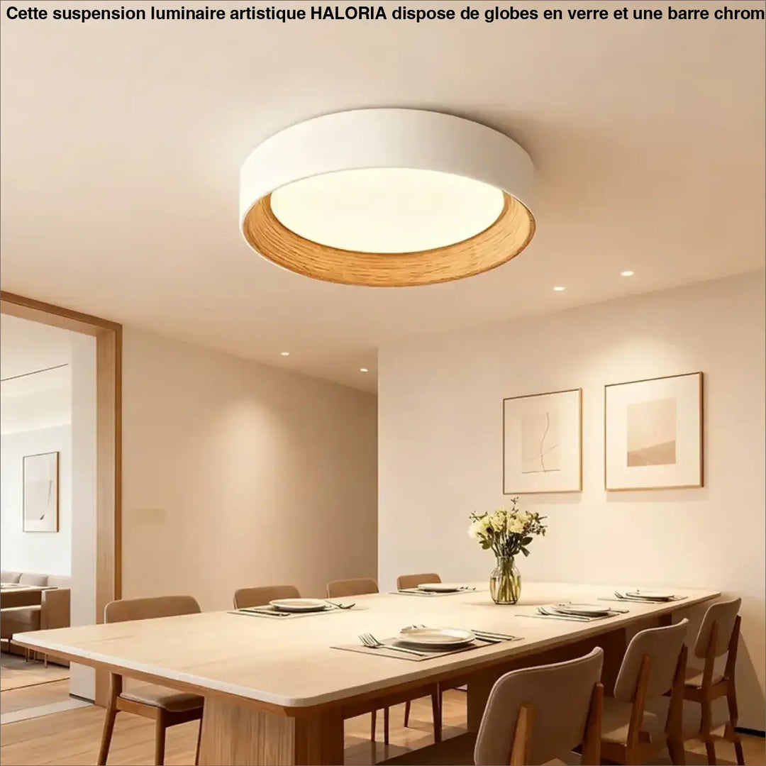Luminaire plafonnier moderne rond avec anneau blanc et bord en bois chaud pour un éclairage élégant