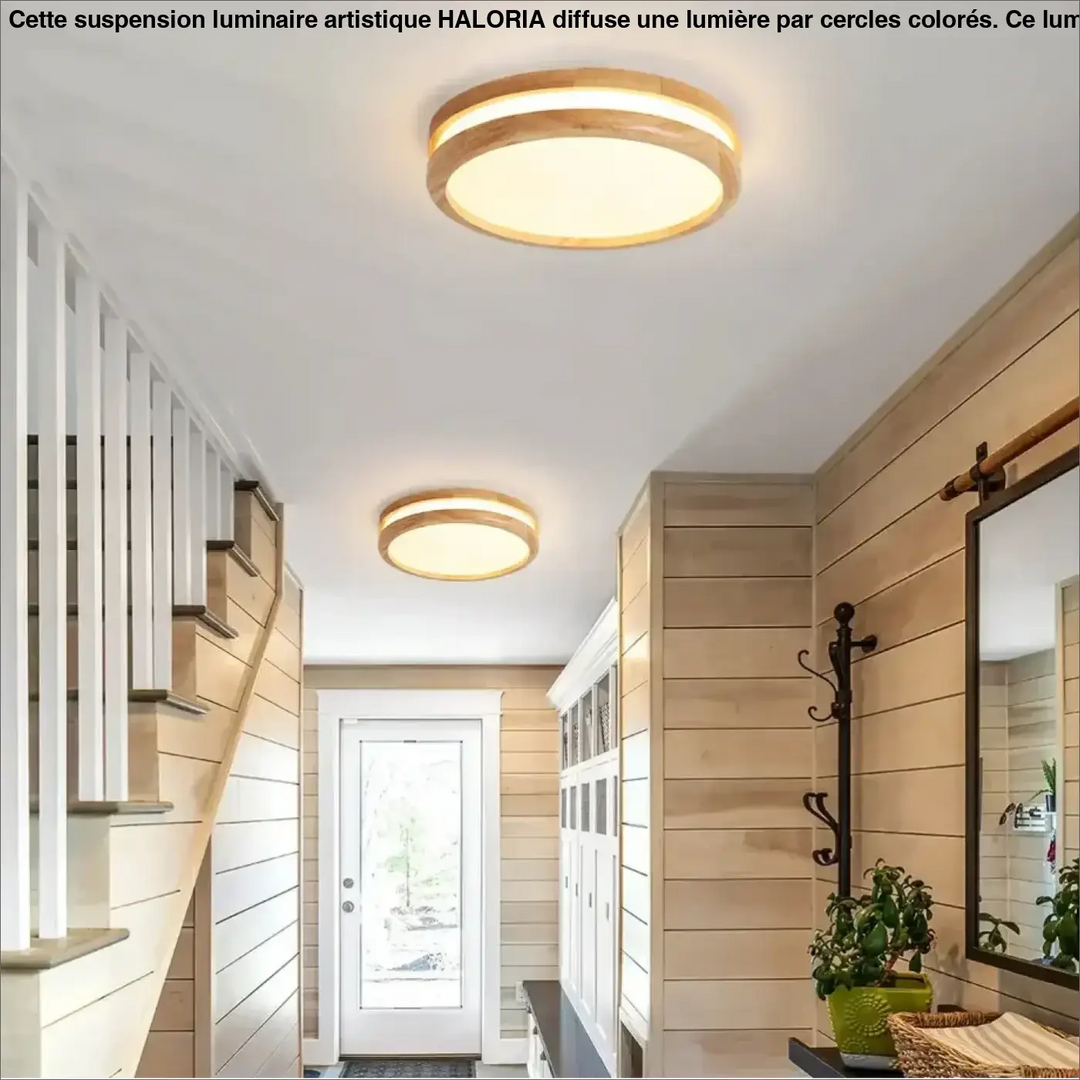 Plafonnier luminaire rond en bois clair et led