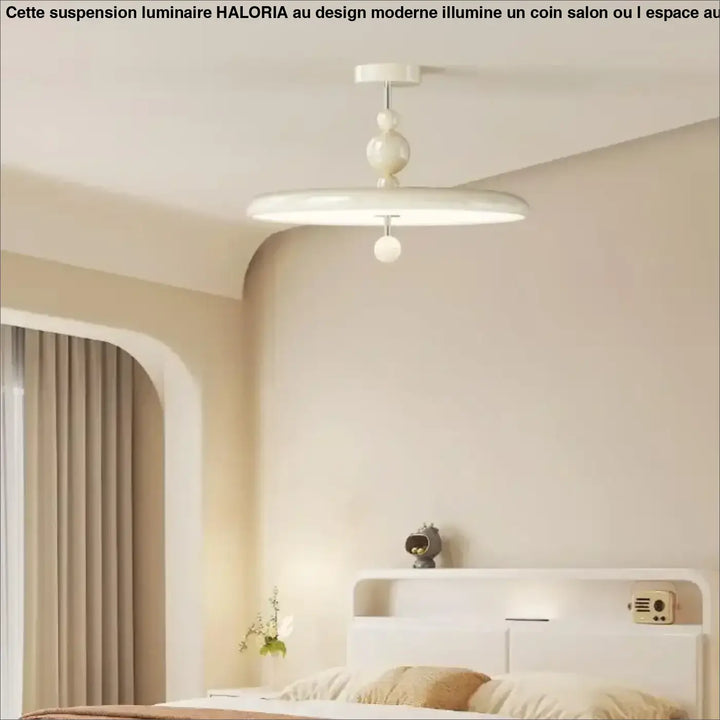 Suspension luminaire tania blanc moderne avec abat-jour circulaire et éléments sphériques décoratifs style contemporain univers plus