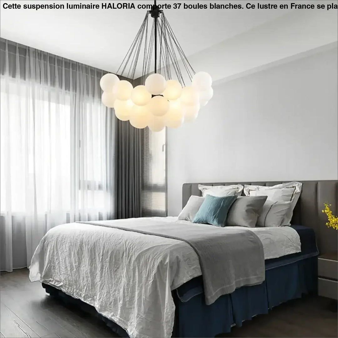 Suspension luminaire avec 37 boules blanches pour chambre moderne


