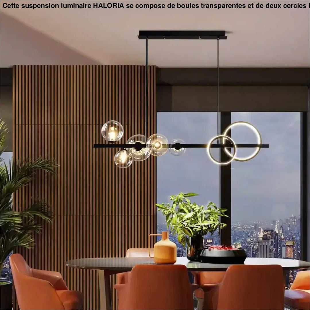 Suspension luminaire avec boules transparentes et 2 cercles en LED

