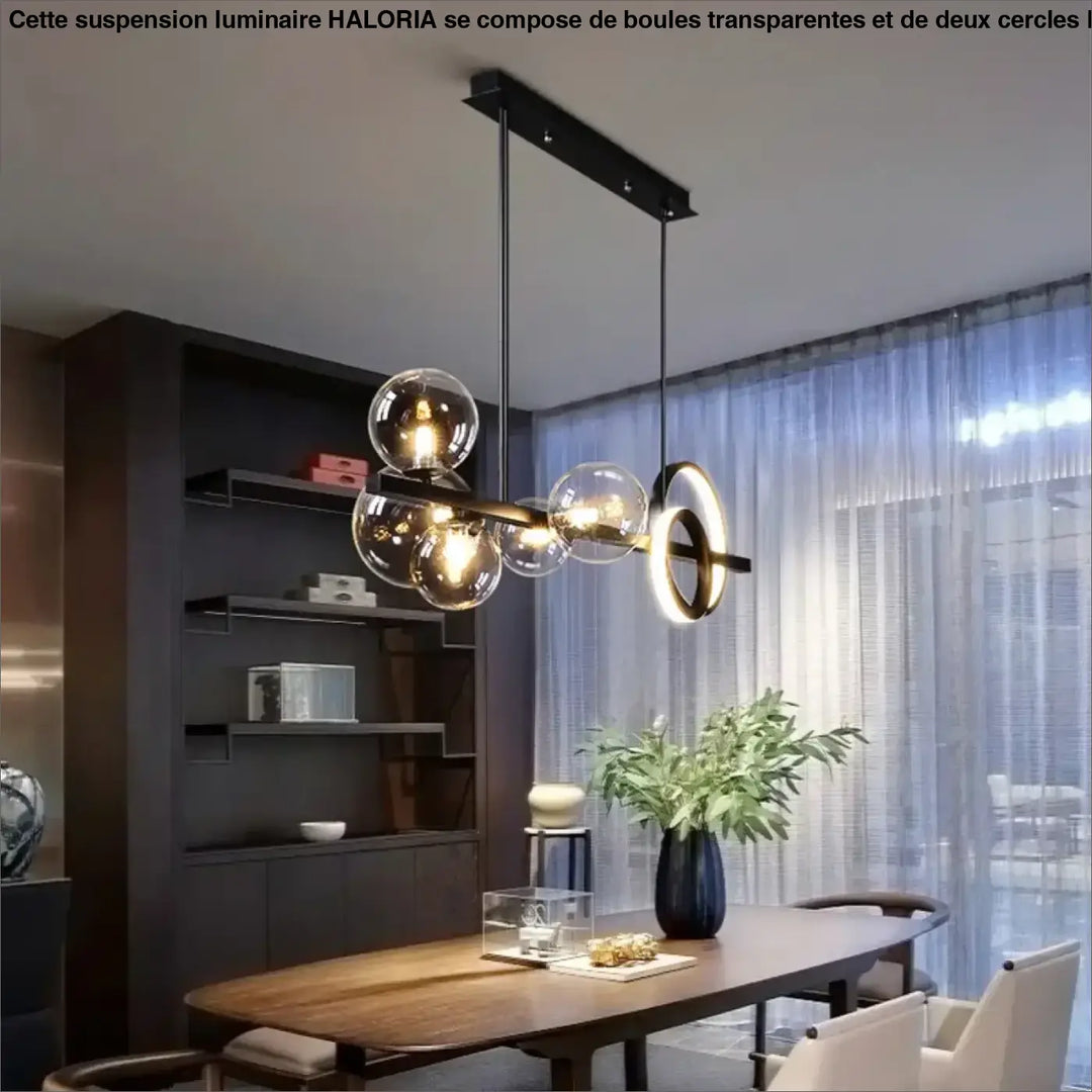 Suspension luminaire avec boules transparentes et 2 cercles en LED

