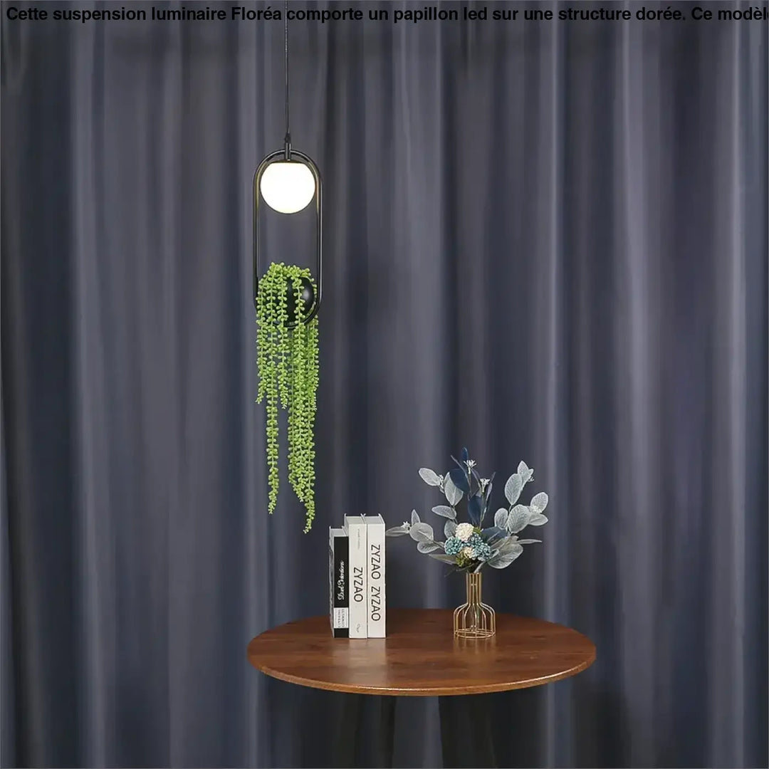 Suspension Moderne Anneau Noir avec Plante Artificielle et Globe LED