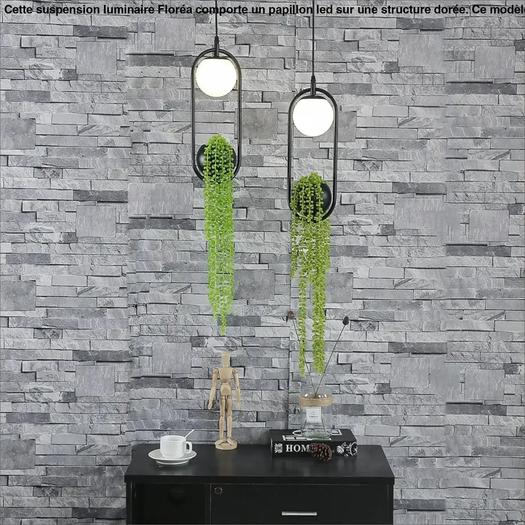 Suspension Moderne Anneau Noir avec Plante Artificielle et Globe LED