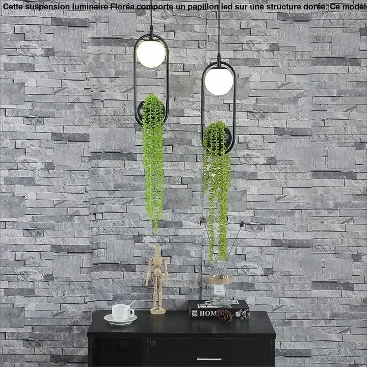 Suspension Moderne Anneau Noir avec Plante Artificielle et Globe LED