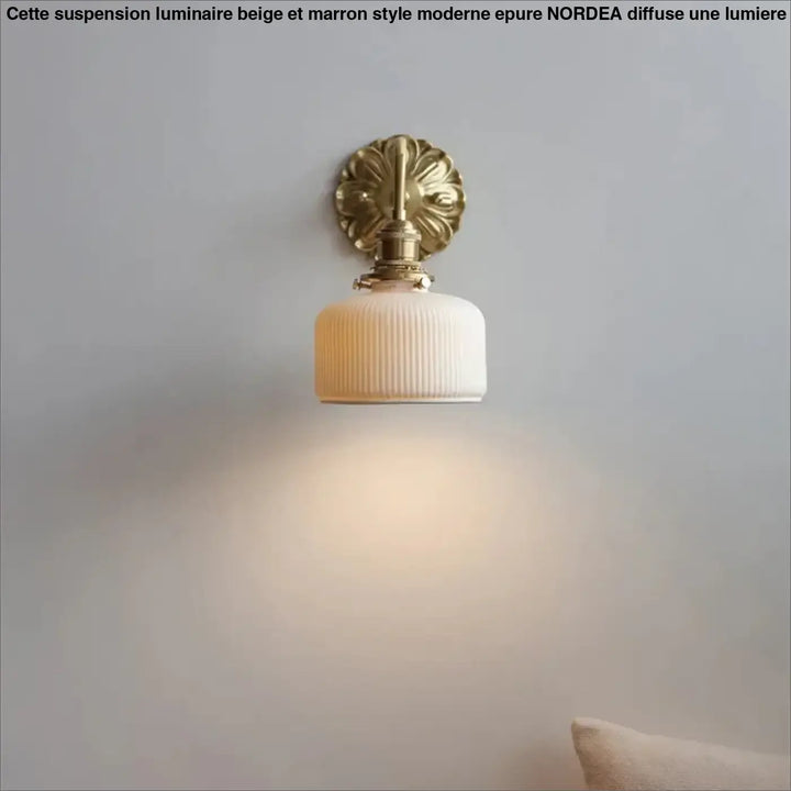 Luminaire beige suspension with brass marron style moderne leaf-patterned backplate and ribbed off-white glass shade