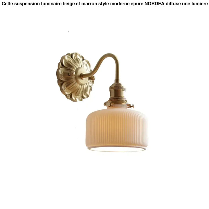 Antique luminaire beige en laiton avec abat-jour en verre givré côtelé marron style moderne suspension luminaire beige