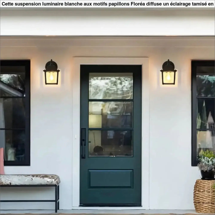 Luminaire extérieur héris avec lanterne traditionnelle en verre clair sur porte d entrée vert foncé encadrée de noir