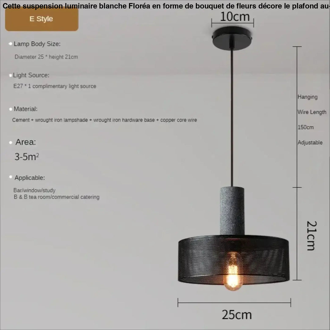 Suspension luminaire blanche style industriel avec abat-jour en ciment et fer forgé et fil cuivre cuivre avec ampoule e27