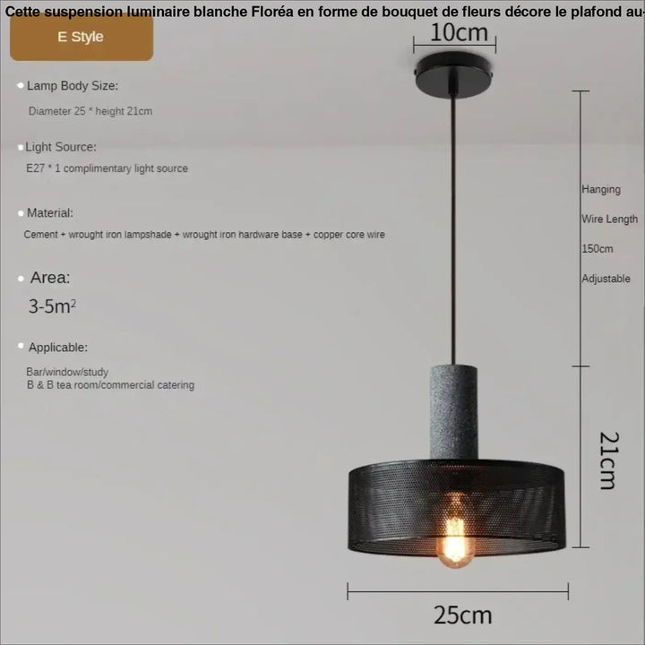 Suspension luminaire blanche style industriel avec abat-jour en ciment et fer forgé et fil cuivre cuivre avec ampoule e27