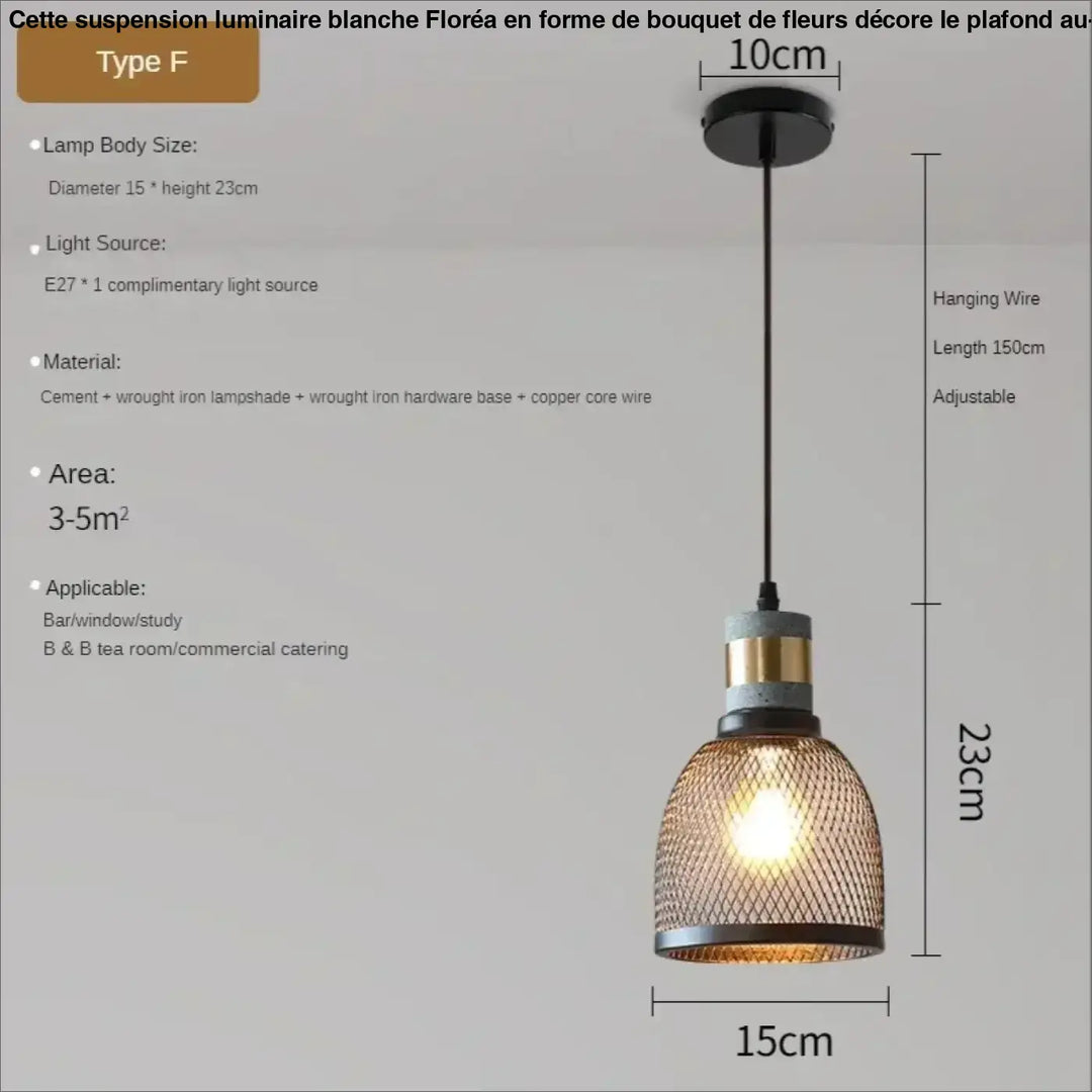 Suspension luminaire blanche floréa style industriel avec abat-jour en maille, corps en ciment et fer forgé, câble noir