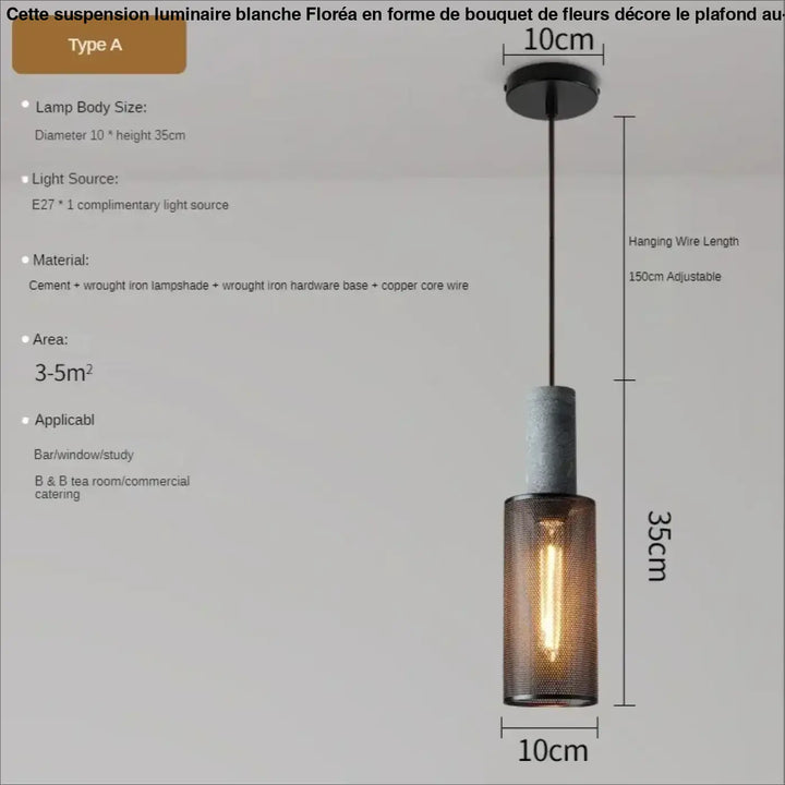 Suspension luminaire blanche industrielle avec abat-jour cylindrique en ciment et fer forgé pour éclairage décoratif