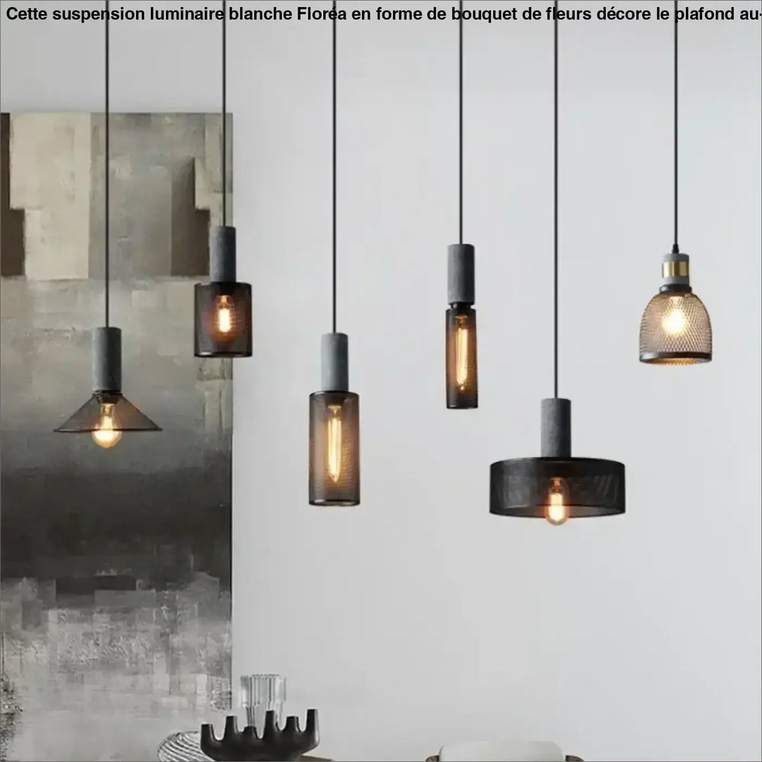 Suspension luminaire blanche floréa avec abat-jour cylindrique noir mat et ampoules à filament apparentes style industriel
