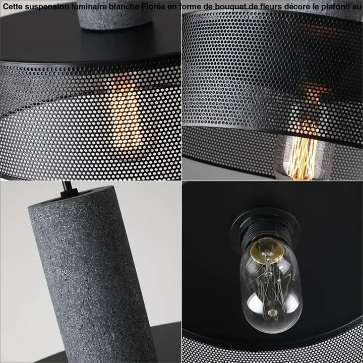 Suspension luminaire blanche floréa avec abat-jour perforé noir en métal et base en béton texturé pour ampoule edison