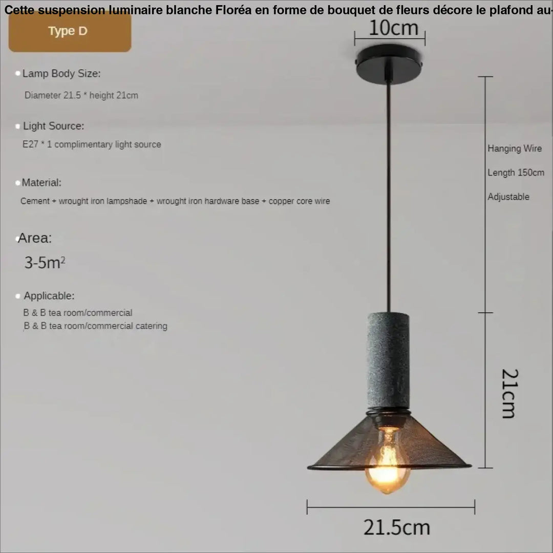Suspension luminaire blanche en forme de bouquet de fleurs avec abat-jour en ciment texturé et fer forgé, fil cuivre exposé