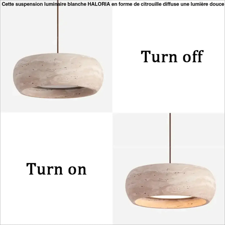 Suspension luminaire blanche en béton beige avec design circulaire texturé en forme de citrouille haloria