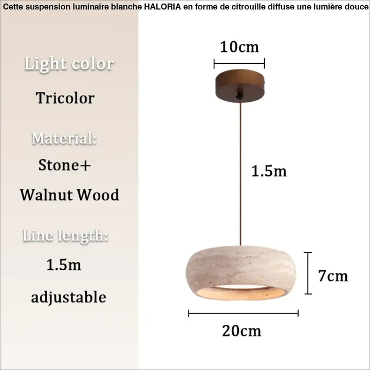 Suspension luminaire blanche avec abat-jour circulaire 20cm en pierre tricolore et bois noyer suspendue par cordon ajustable