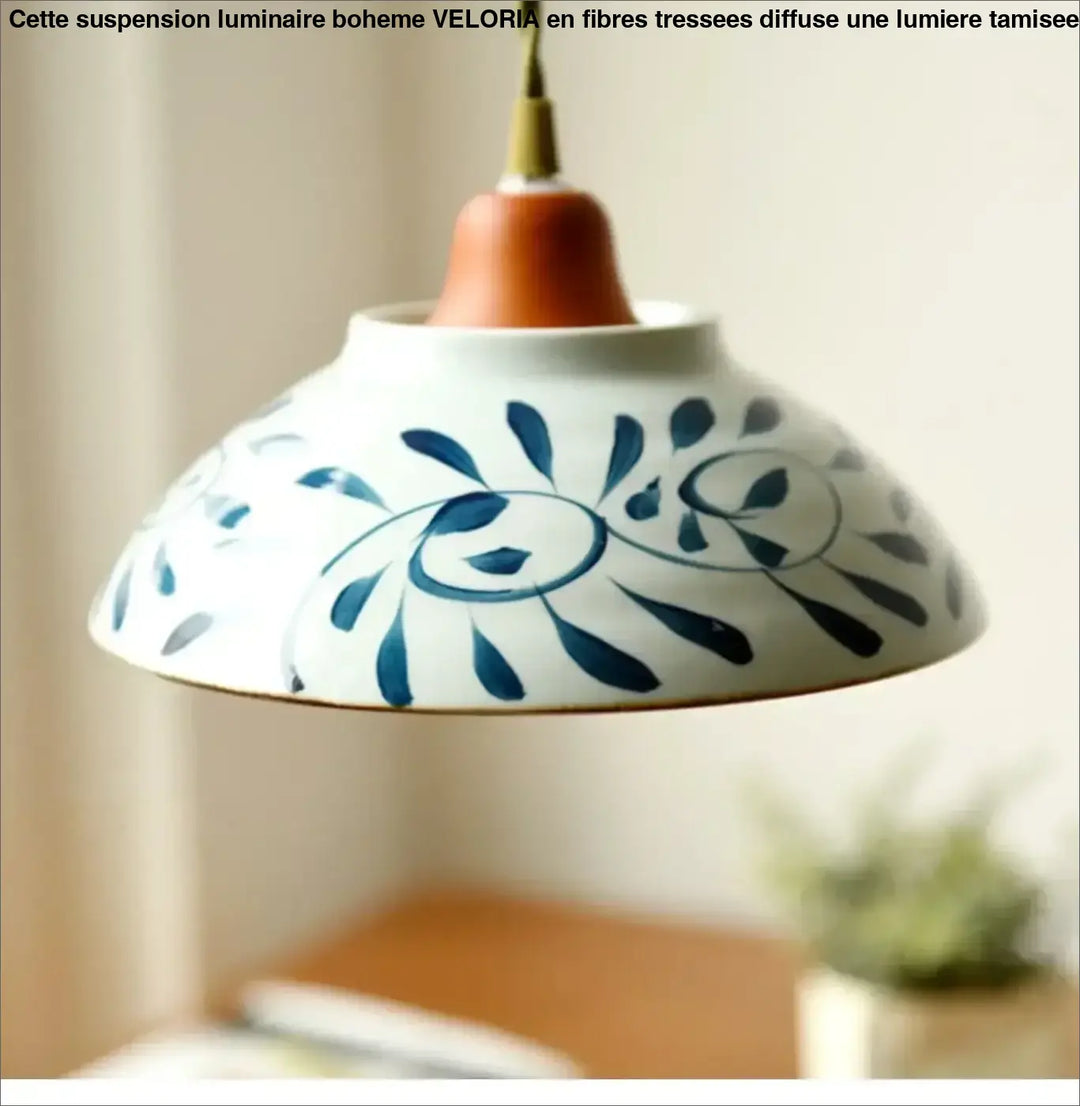 Suspension luminaire céramique blanche à motifs bleus
