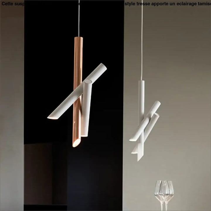 Suspension luminaire konto avec tubes croisés cylindriques modernes blanc et rose gold pour un design élégant