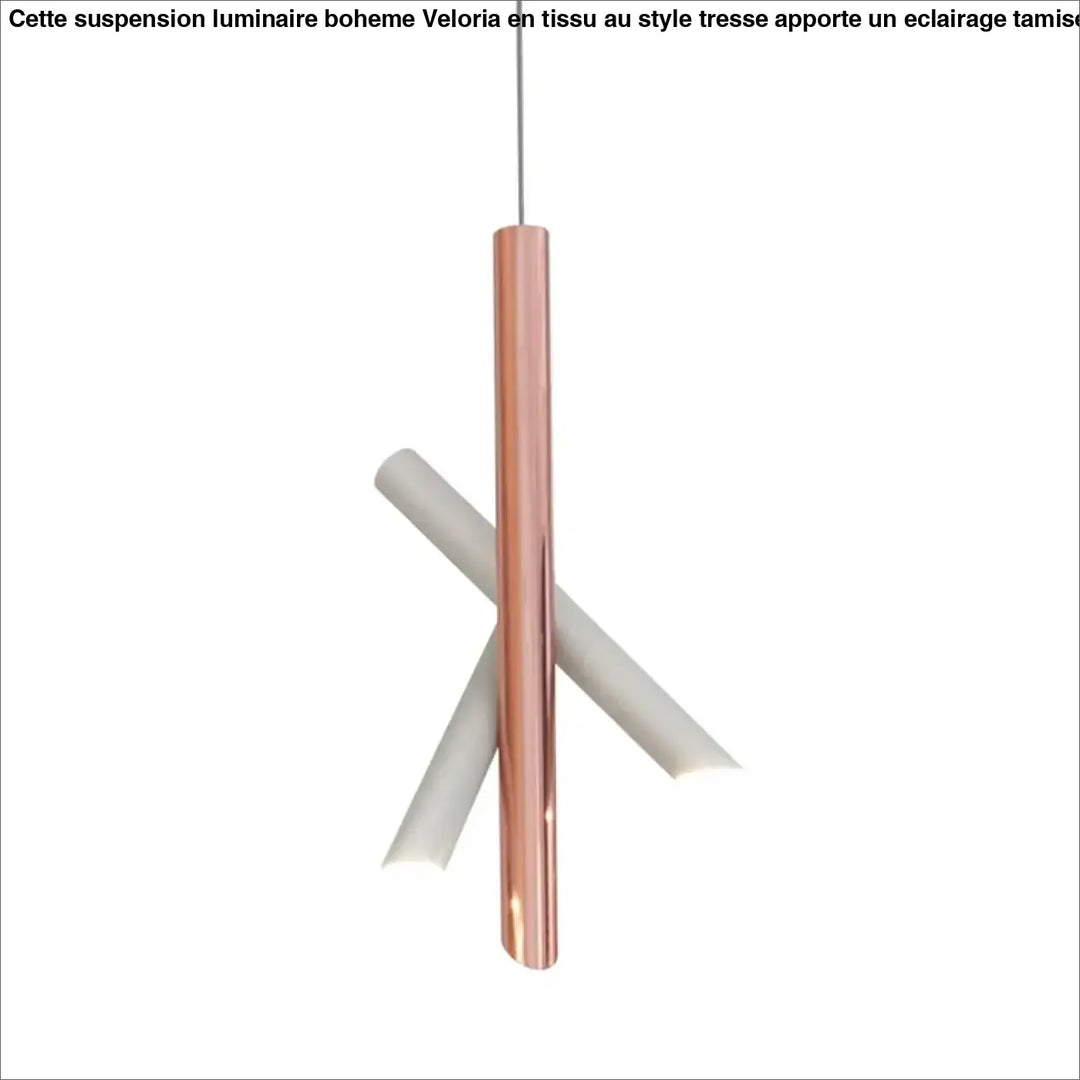Suspension luminaire konto avec tubes croisés en métal rose gold et bras tubulaires blancs mats au design moderne