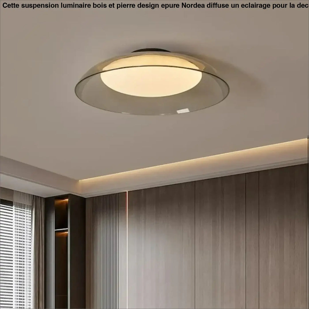Suspension luminaire bois et pierre design epure avec diffuseur en verre dépoli et anneau clair émettant une lumière chaude