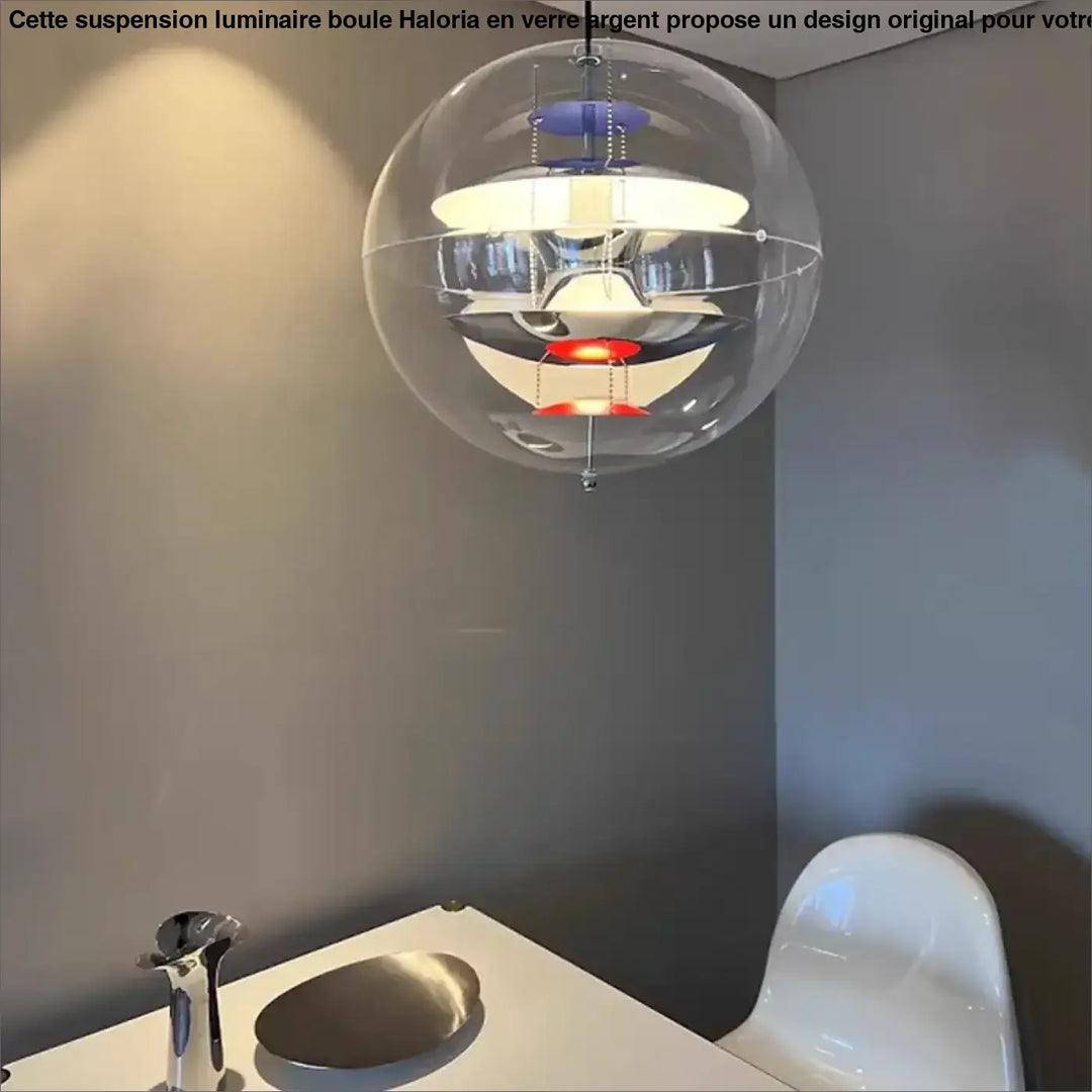 Suspension luminaire boule de verre au design original couleur argent

