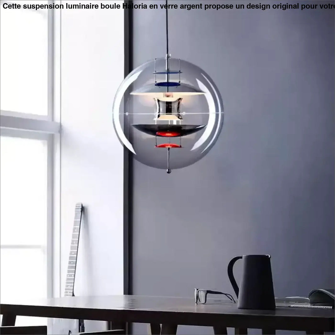 Suspension luminaire boule de verre au design original couleur argent

