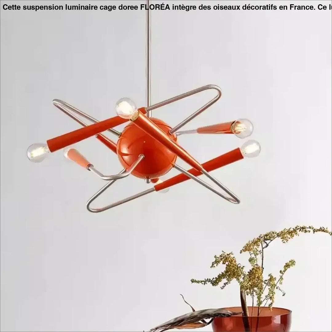 Suspension luminaire cage doree avec bras chromes et ampoules apparentes de couleur orange vif par FLORÉA