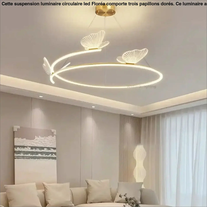 Suspension luminaire circulaire LED avec 3 papillons dorés

