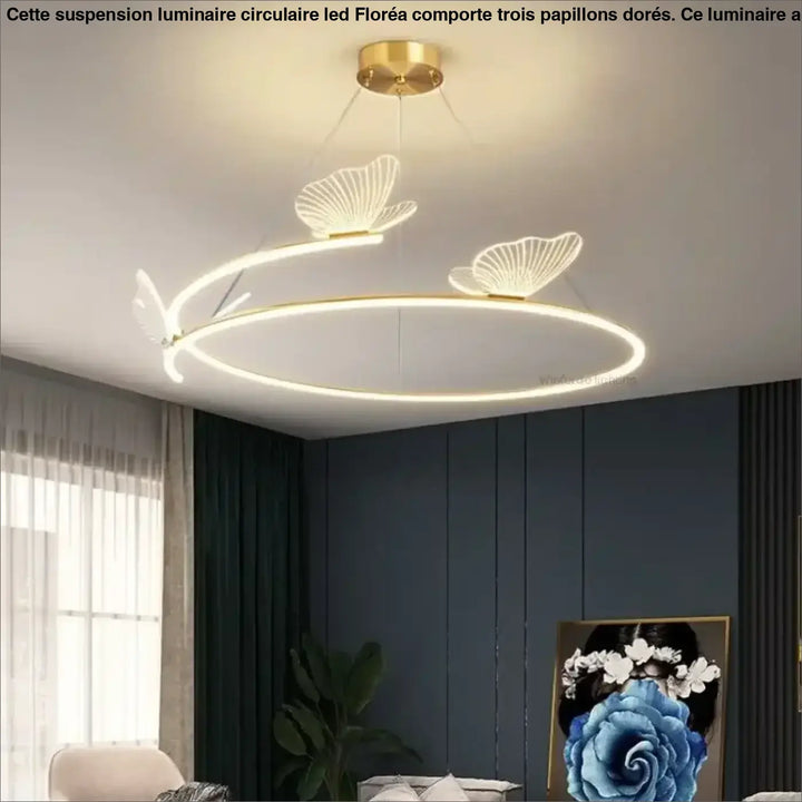 Suspension luminaire circulaire LED avec 3 papillons dorés


