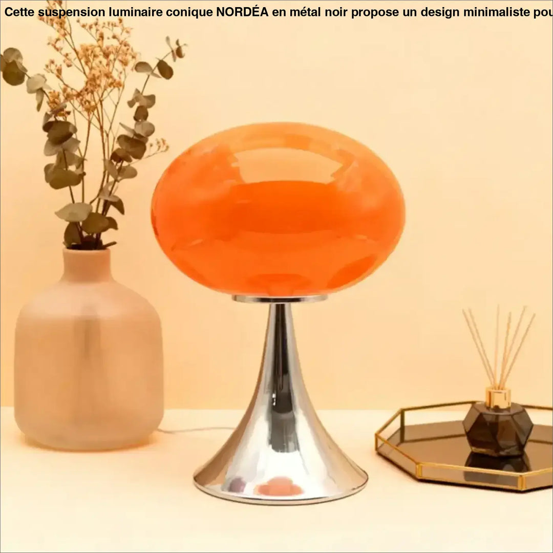 Lampe de table nuacre en verre orange brillant avec pied chromé et design champignon orange élégant