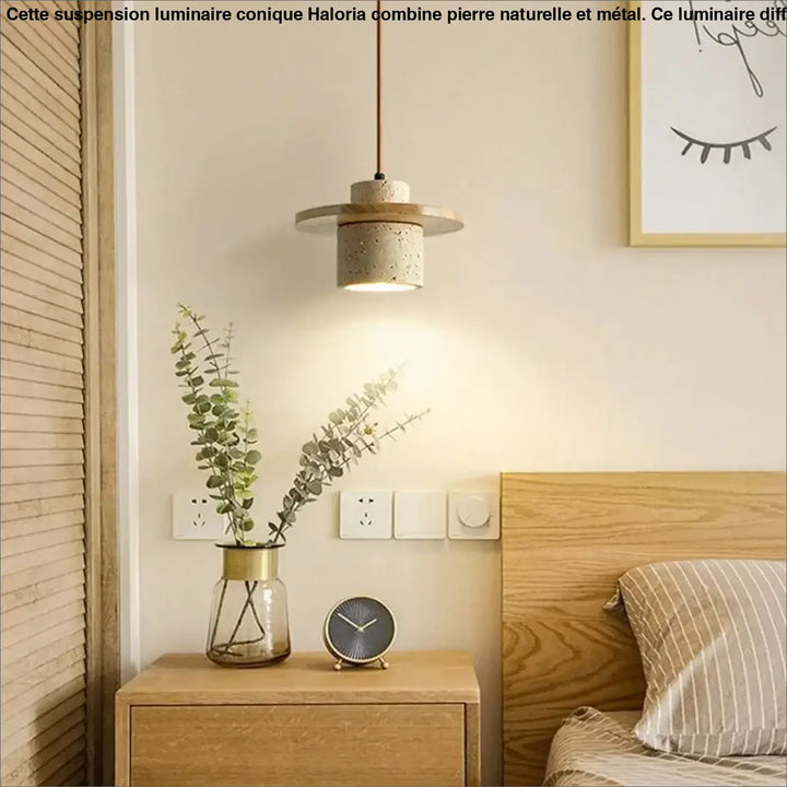 Suspension luminaire design en pierre travertin beige ou marron