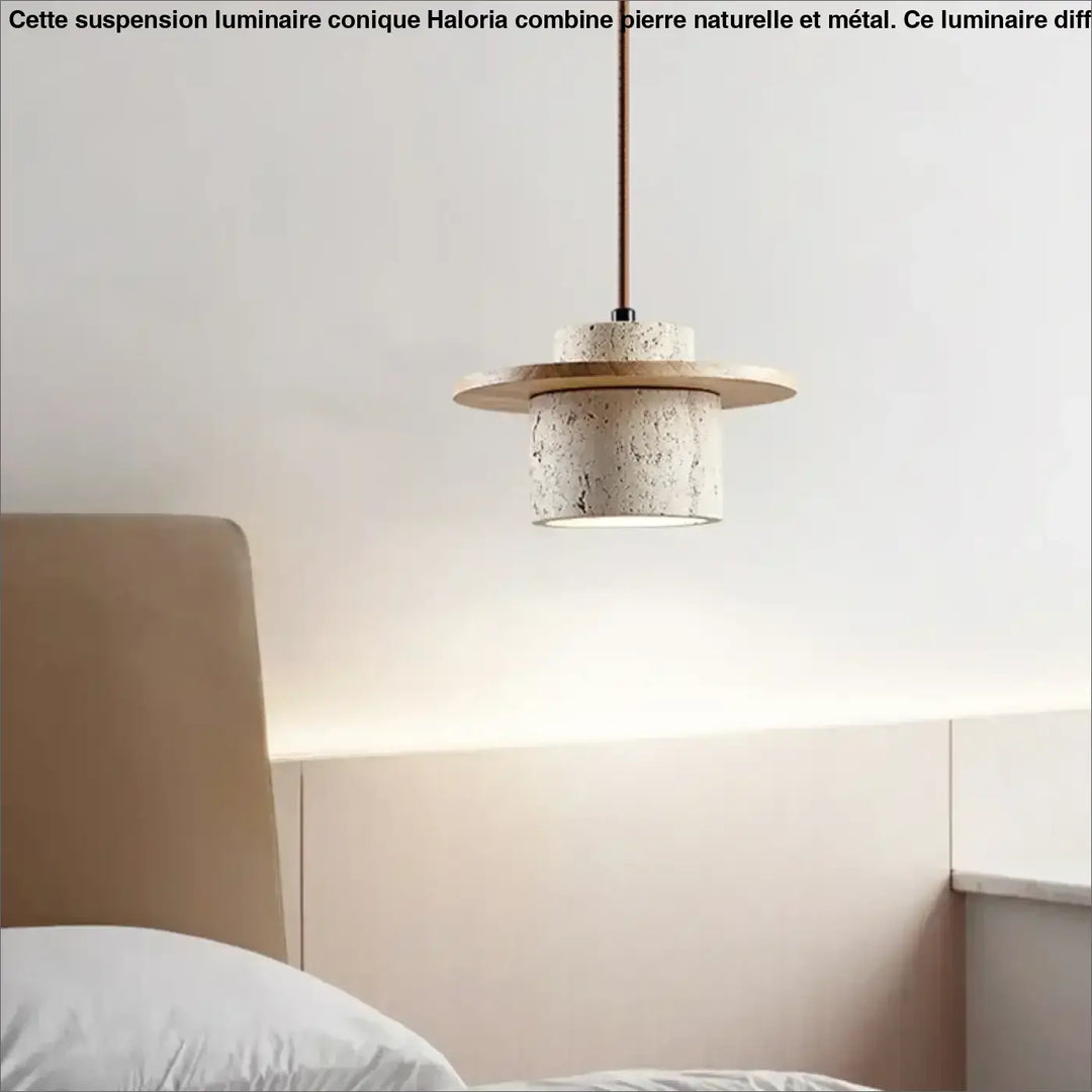 Suspension luminaire design en pierre travertin beige ou marron