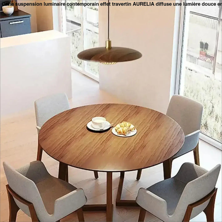 Suspension luminaire en bois et métal doré avec abat-jour rond chic