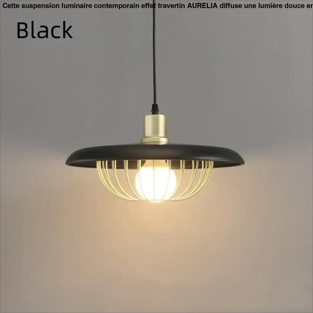Suspension luminaire en bois et métal doré avec abat-jour rond chic
