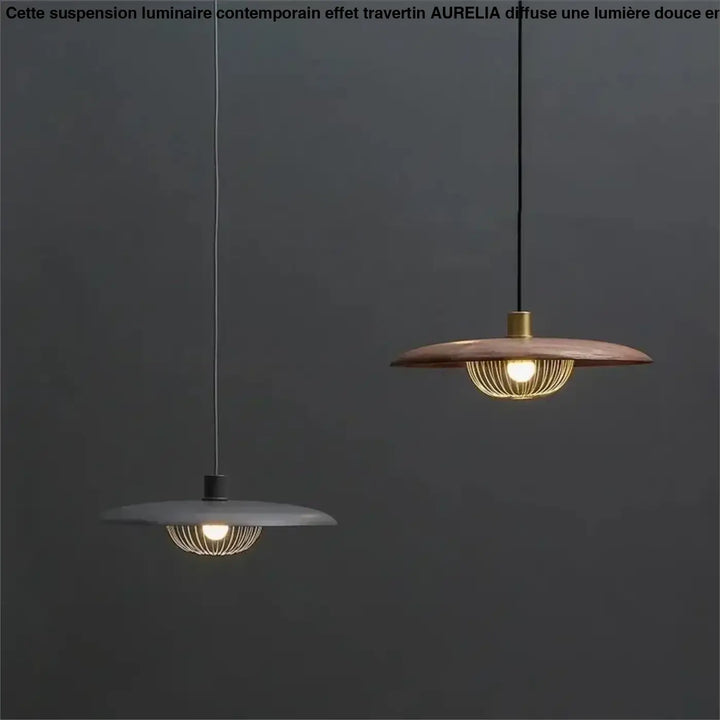 Suspension luminaire en bois et métal doré avec abat-jour rond chic