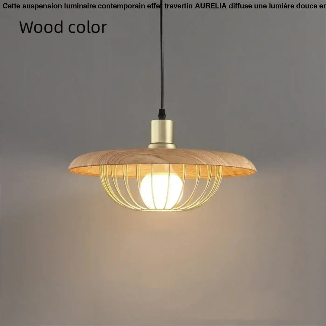 Suspension luminaire en bois et métal doré avec abat-jour rond chic