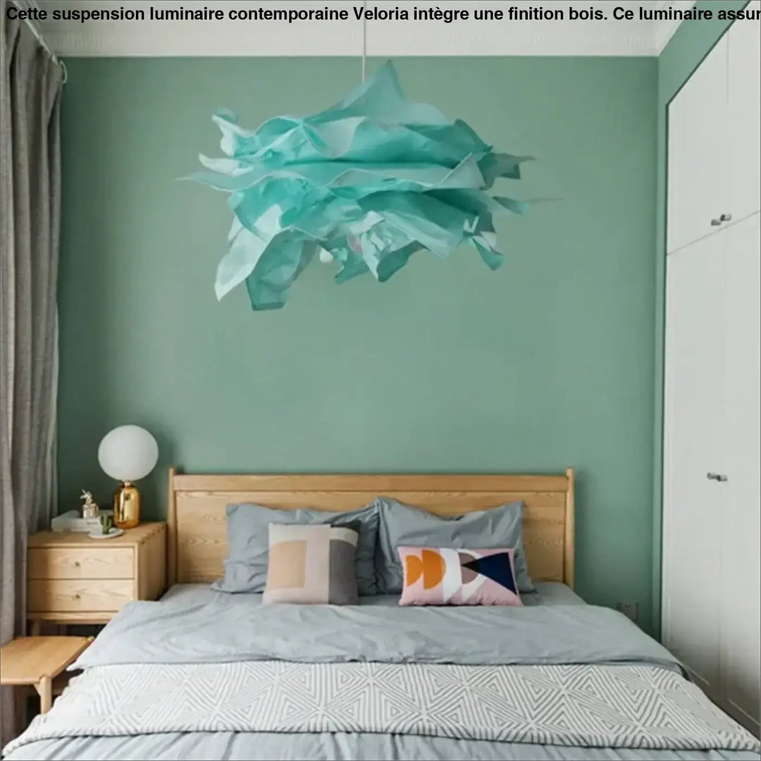 Suspension luminaire contemporaine veloria en papier teal avec finition bois suspendue au plafond