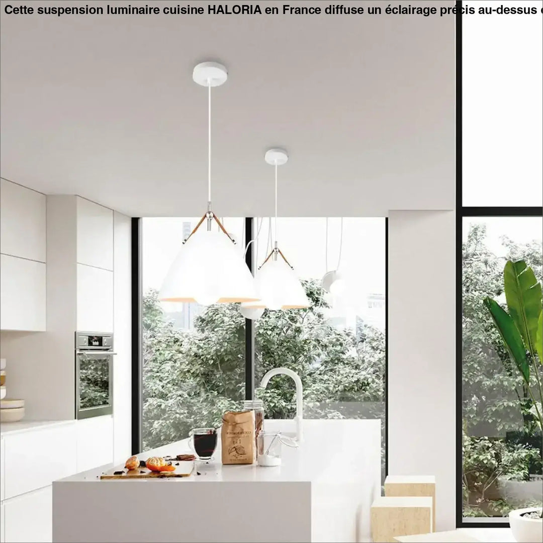Luminaire cuisine moderne suspension luminaire cuisine blanche avec accents en bois et design minimaliste suspendue au plafond
