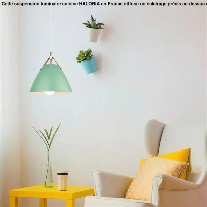 Mint green metal suspension luminaire cuisine with conical shade and leather strap by haloria