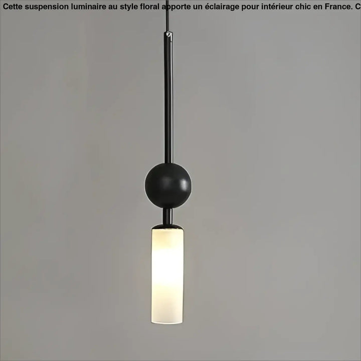 Suspension luminaire krysta avec boule métallique noire et diffuseur cylindrique en verre dépoli