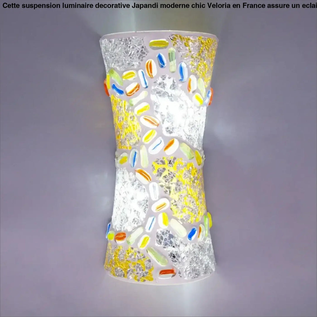 Applique murale cylindrique en verre translucide avec mosaïque de perles colorées sur fond argenté craquelé